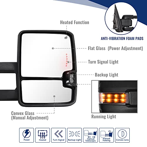 Towing Mirror for Silverado Sierra -Compatible with 2014-2018 Chevy Silverado GMC Sierra With Power Operated Heated Glass Turn Signal Light&Running Light Driver&Passenger Sides