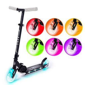 aero 2 wheel kick scooter for kids ages 5-8 or 6-12 with dynamic rgb lights, foldable and height adjustable, scooters for boys and girls 6 years and up with glowing deck and light up clear wheels