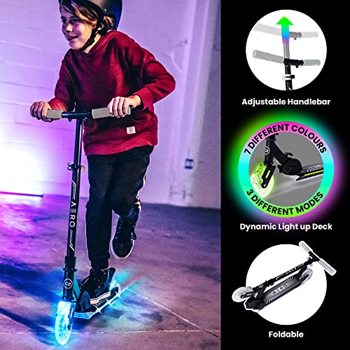 Aero 2 Wheel Kick Scooter for Kids Ages 5-8 or 6-12 with Dynamic RGB Lights, Foldable and Height Adjustable, Scooters for Boys and Girls 6 Years and up with Glowing Deck and Light up Clear Wheels