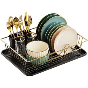 GSlife Dish Drying Rack with Drainboard - Dish Racks for Kitchen Counter, Dish Drainer with Utensil Holder, No Drain Spout, Gold and Black