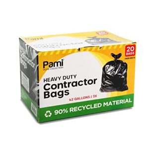 pami heavy-duty contractor bags [pack of 20] - 42 gallon large black trash bags for construction sites, yard waste & commercial use- industrial strength tear-resistant cleanup garbage bags