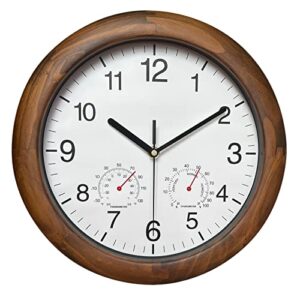 reynoe wooden wall clock with temperature and humidity, 12 inch brown, large numbers for room decor