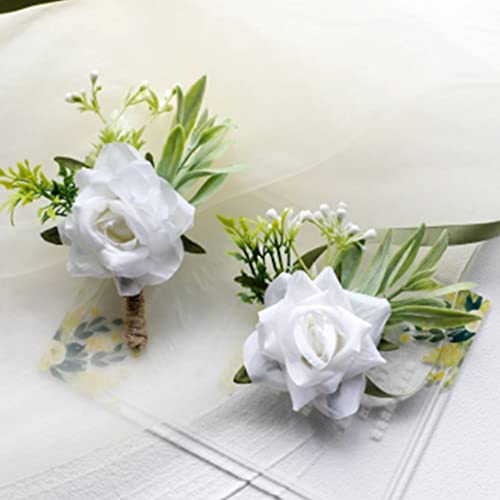 2PCS Rose Flower Wrist Corsage Boutonniere Set, Handmade Artificial Corsage Set, Bride Hand Flower Wristlet Band Bracelet and Men Boutonniere for Wedding Party Prom Decorations (White)