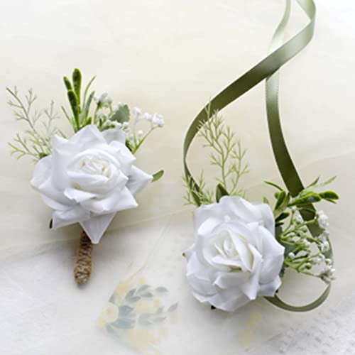 2PCS Rose Flower Wrist Corsage Boutonniere Set, Handmade Artificial Corsage Set, Bride Hand Flower Wristlet Band Bracelet and Men Boutonniere for Wedding Party Prom Decorations (White)