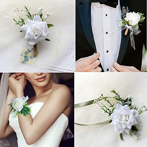 2PCS Rose Flower Wrist Corsage Boutonniere Set, Handmade Artificial Corsage Set, Bride Hand Flower Wristlet Band Bracelet and Men Boutonniere for Wedding Party Prom Decorations (White)