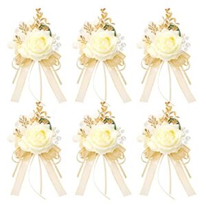 ndeno ivory rose wrist corsage and boutonniere set artificial men wristlet band bracelet for white wedding flowers ceremony accessories prom suit decorations（6pcs boutonnieres,champagne）