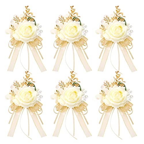 Ndeno Ivory Rose Wrist Corsage and Boutonniere Set Artificial Men Wristlet Band Bracelet for White Wedding Flowers Ceremony Accessories Prom Suit Decorations（6pcs Boutonnieres,Champagne）