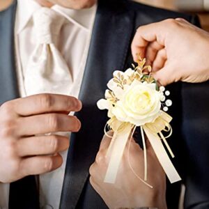 Ndeno Ivory Rose Wrist Corsage and Boutonniere Set Artificial Men Wristlet Band Bracelet for White Wedding Flowers Ceremony Accessories Prom Suit Decorations（6pcs Boutonnieres,Champagne）