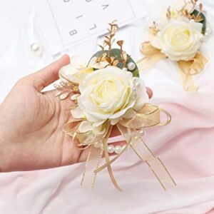 Ndeno Ivory Rose Wrist Corsage and Boutonniere Set Artificial Men Wristlet Band Bracelet for White Wedding Flowers Ceremony Accessories Prom Suit Decorations（6pcs Boutonnieres,Champagne）