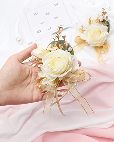 Ndeno Ivory Rose Wrist Corsage and Boutonniere Set Artificial Men Wristlet Band Bracelet for White Wedding Flowers Ceremony Accessories Prom Suit Decorations（6pcs Boutonnieres,Champagne）