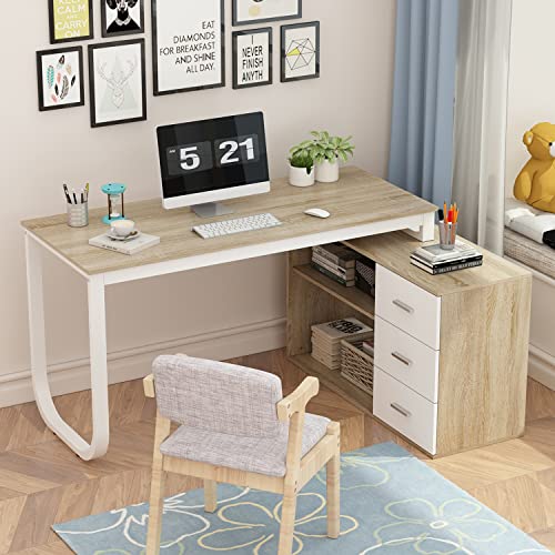 Homsee Home Office Computer Desk Corner Desk with 3 Drawers and 2 Shelves, 55 Inch Large L-Shaped Study Writing Table with Storage Cabinet - Walnut and White