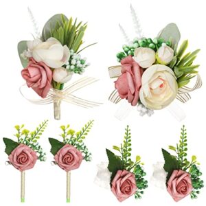 Wedding Wrist Corsage and Boutonniere Set of 6, Dusty Rose Artificial Wristlet Band Flowers for Bride and Bridesmaids, Boutonniere with Pin for Groom and Groomsman, Formal Dress Accessories for Prom