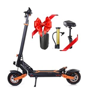 electric scooter with seat, 1000w electric scooter for adults up to 35 mph & 50 miles ranges, 10" off road tires, dual disk brake & shock absorption system, handbar case and air pump included