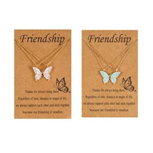 4pcs best friend necklace with card cute bff friendship butterfly matching necklace for women girls best friends long distance birthday gifts-blue pink