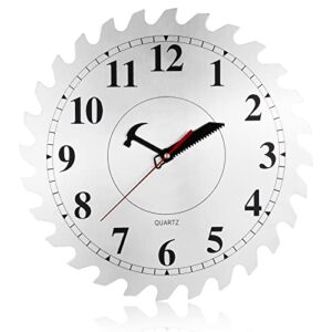 cigera 12 inch metal wall clock with circular saw blade dial, handsaw and hammer pointer,great decor for garage,workshop and man cave