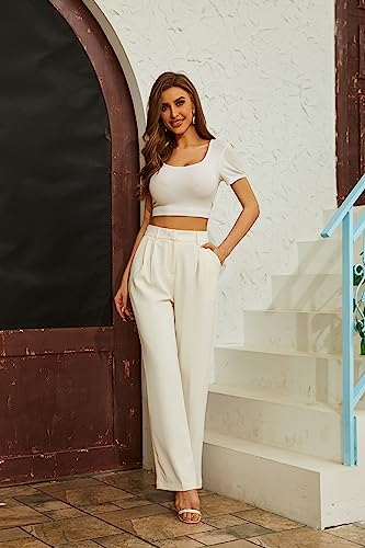 FUNYYZO Women's Wide Leg Pants High Elastic Waisted in The Back Business Work Trousers Long Straight Suit Pants Beige