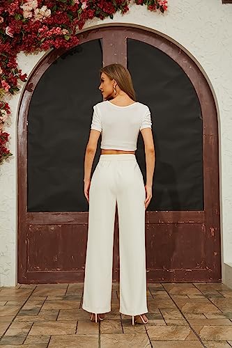 FUNYYZO Women's Wide Leg Pants High Elastic Waisted in The Back Business Work Trousers Long Straight Suit Pants Beige