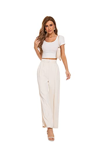 FUNYYZO Women's Wide Leg Pants High Elastic Waisted in The Back Business Work Trousers Long Straight Suit Pants Beige