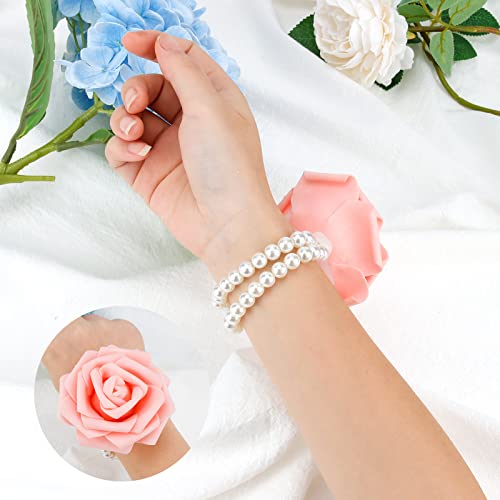 CIEHER 10 Pieces Pearl Wrist Corsage Elastic Bands Wristlets Corsage Wristlet Stretch Pearl Wedding Wristband Faux Pearl Bead Corsage Accessories Bracelets for Wedding Party Prom Bride Bridesmaid Handmade Flower Wrist Corsage