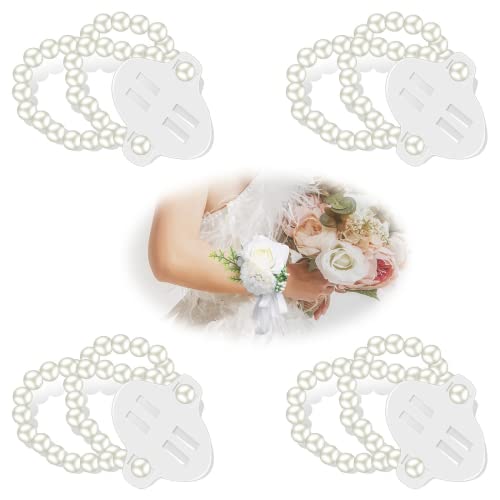 HIONXMGA Corsage Wristlet Band 4PCS Elastic Pearl Wrist Corsage Bracelets Bands, Wristlets Stretch Pearl Wedding Wristband for Wedding Party Prom Wrist DIY Handmade Corsage Supplies