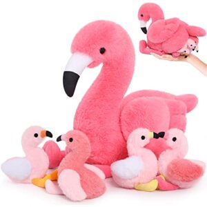 morismos plush flamingo stuffed animal-18 inch mommy stuffed flamingo with 4 baby flamingo plush toys inside zipper tummy, pink flamingo toy gift for girl women decor birthday christmas valentines