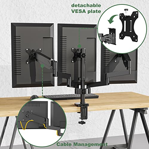 UPGRAVITY Triple Monitor Mount, 3 Monitor Stand Desk Mount for Three Flat/Curved Computer Screens Up to 27”, Fully Adjustable Gas Spring Monitor Arms Hold up to 17.6lbs Each, VESA 75x75/100x100