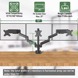 UPGRAVITY Triple Monitor Mount, 3 Monitor Stand Desk Mount for Three Flat/Curved Computer Screens Up to 27”, Fully Adjustable Gas Spring Monitor Arms Hold up to 17.6lbs Each, VESA 75x75/100x100