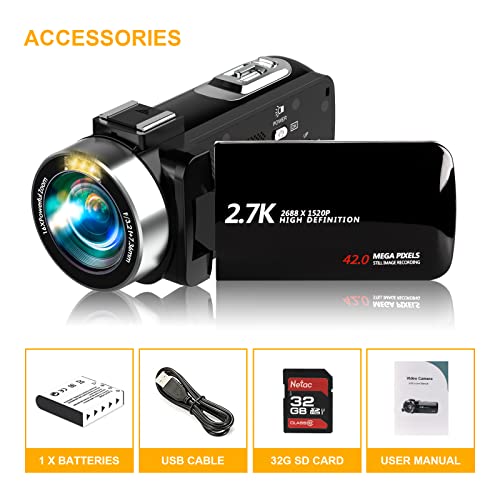 Vmotal Video Camera Camcorder Digital Camera Recorder 2.7K 42MP 3.0 Inch 270 Degree Rotation LED Light Vlogging YouTube Recorder 18X Digital Zoom with 32GB SD Card Kid Teens