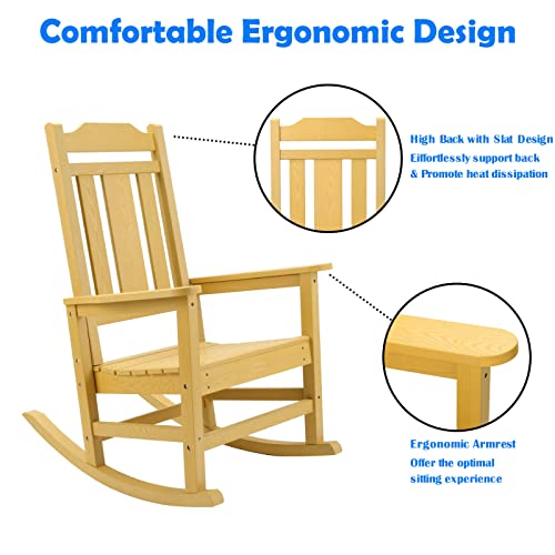 Rocking Chair, All-Weather Patio Deck Outdoor Indoor Chair, Fade-Resistant Porch Rocker Chair, Durable Smooth Rocking, Comfortable Easy to Assemble, Low Maintain, Load Bearing 350 lbs (Yellow)