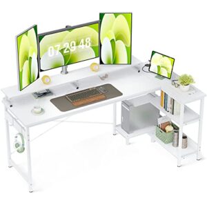 odk small l shaped desk, 66 inch corner desk with reversible storage shelves, computer desk with monitor shelf and pc stand for home office, gaming desk with headphone hooks, white