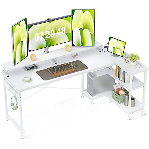 ODK Small L Shaped Desk, 66 inch Corner Desk with Reversible Storage Shelves, Computer Desk with Monitor Shelf and PC Stand for Home Office, Gaming Desk with Headphone Hooks, White