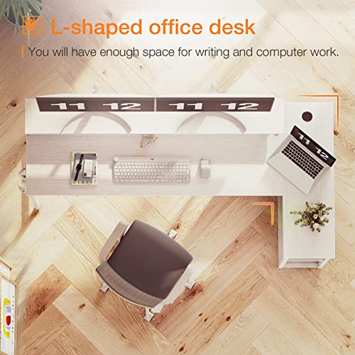 ODK Small L Shaped Desk, 66 inch Corner Desk with Reversible Storage Shelves, Computer Desk with Monitor Shelf and PC Stand for Home Office, Gaming Desk with Headphone Hooks, White