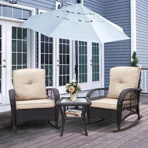 3 pieces outdoor wicker rocker patio bistro set, rocking glider chairs with premium cushions and armored glass top side table, elegant wicker patio bistro conversation sets for backyard