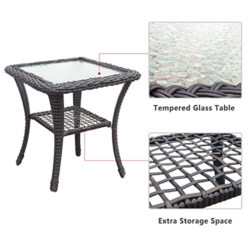 3 Pieces Outdoor Wicker Rocker Patio Bistro Set, Rocking Glider Chairs with Premium Cushions and Armored Glass Top Side Table, Elegant Wicker Patio Bistro Conversation Sets for Backyard