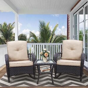 3 Pieces Outdoor Wicker Rocker Patio Bistro Set, Rocking Glider Chairs with Premium Cushions and Armored Glass Top Side Table, Elegant Wicker Patio Bistro Conversation Sets for Backyard