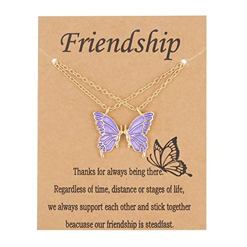 Friendship Necklace Matching Butterfly Necklace Gold Plated 2 Best Friend Butterfly Pendant Necklace for Girls Women Friends BFF Long Distance Birthday Gifts-purple