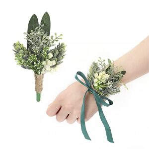 ysucau corsage and men boutonniere set for wedding, greenery corsages wristlet band bracelet for wedding mother of bride and groom, prom flowers