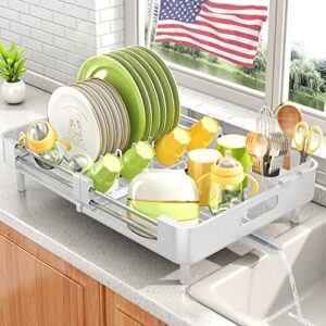 kitchen counter dish drainers rack, auto-drain expandable(13.2"-19.7") stainless steel large strainers over sink drying rack drainboard with utensil holder caddy organizer, white