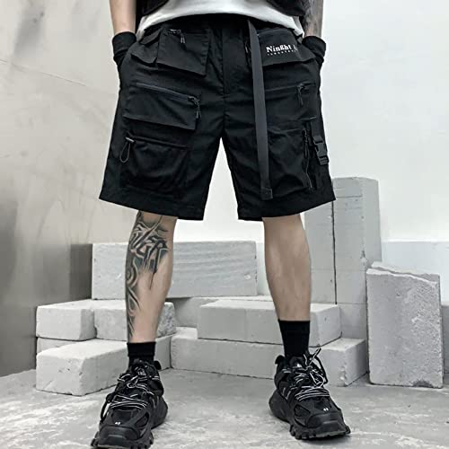 XYXIONGMAO Cyberpunk Shorts Hip Hop Sweatpants Techwear Overalls Slacks Athleisure Men's Tactical Cargo Streetwear Pants(Black,L)