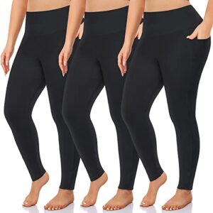 new young 3 pack plus size leggings with pockets for women,high waist tummy control workout yoga pants (3x-large, black/black/black)