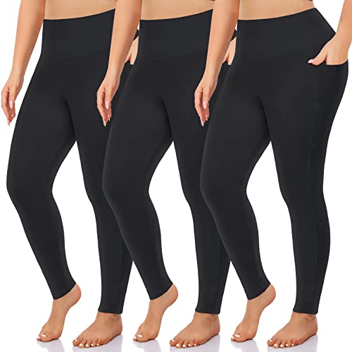 NEW YOUNG 3 Pack Plus Size Leggings with Pockets for Women,High Waist Tummy Control Workout Yoga Pants (3X-Large, Black/Black/Black)