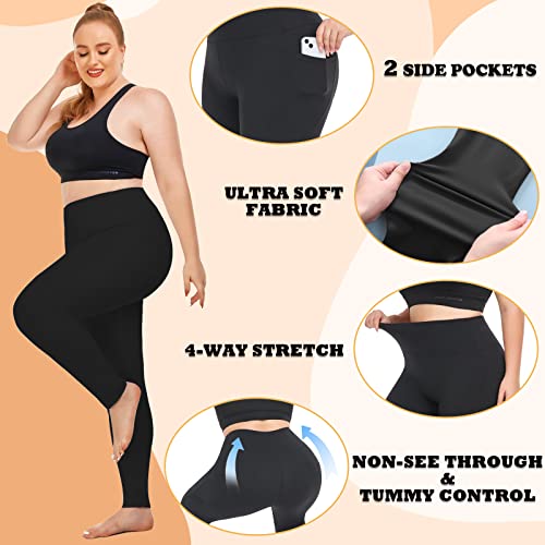 NEW YOUNG 3 Pack Plus Size Leggings with Pockets for Women,High Waist Tummy Control Workout Yoga Pants (3X-Large, Black/Black/Black)