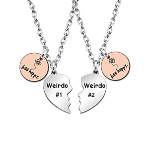 Friendship Gifts, 2Pcs Weirdo 1 & Weirdo 2 Heart Necklaces Best Friends Necklace Gift BFF Gifts Siister Gifts for 2 Couples Lovers Gifts Birthday Gifts Christmas Gifts (rose gold, silver, bee happy)