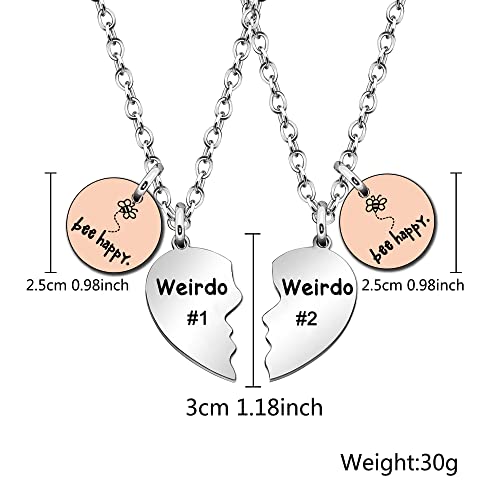 Friendship Gifts, 2Pcs Weirdo 1 & Weirdo 2 Heart Necklaces Best Friends Necklace Gift BFF Gifts Siister Gifts for 2 Couples Lovers Gifts Birthday Gifts Christmas Gifts (rose gold, silver, bee happy)