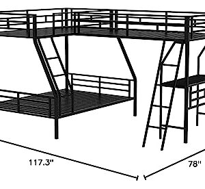 Merax Metal L-Shaped Bunk Bed with a Loft Attached, Triple Bedframe with Desk, Guardrails, and Ladders, Twin Over Full, Black