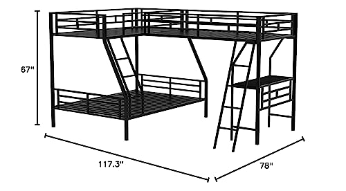 Merax Metal L-Shaped Bunk Bed with a Loft Attached, Triple Bedframe with Desk, Guardrails, and Ladders, Twin Over Full, Black