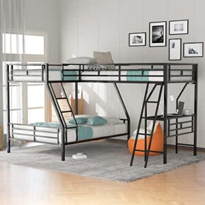 merax metal l-shaped bunk bed with a loft attached, triple bedframe with desk, guardrails, and ladders, twin over full, black