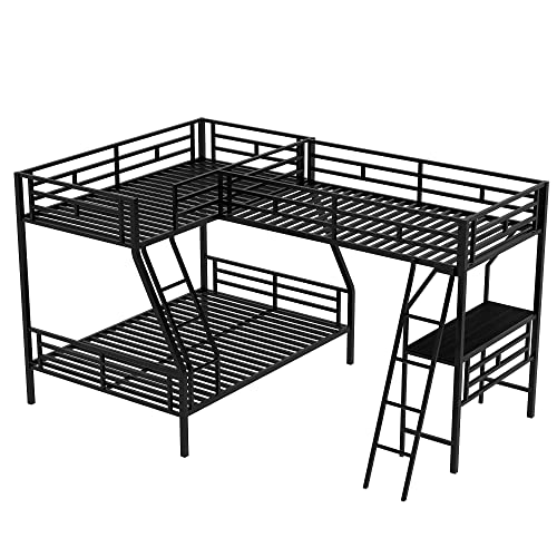 Merax Metal L-Shaped Bunk Bed with a Loft Attached, Triple Bedframe with Desk, Guardrails, and Ladders, Twin Over Full, Black