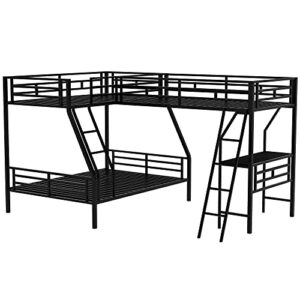 Merax Metal L-Shaped Bunk Bed with a Loft Attached, Triple Bedframe with Desk, Guardrails, and Ladders, Twin Over Full, Black