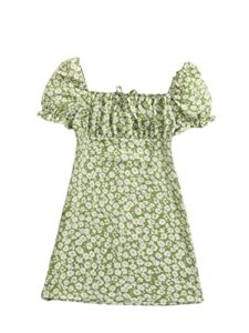 verdusa girl's floral print puff sleeve square neck short a line dress mint green 10y